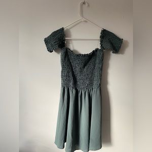 sage green off shoulder smocked dress